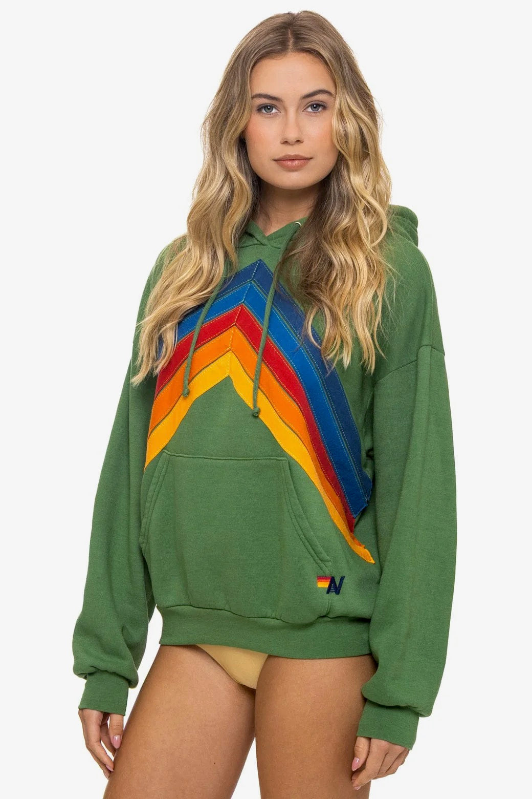 Mountain Stitch Chevron Pullover Hoodie Relaxed Palm in green — styled view | Belle Mar Swim