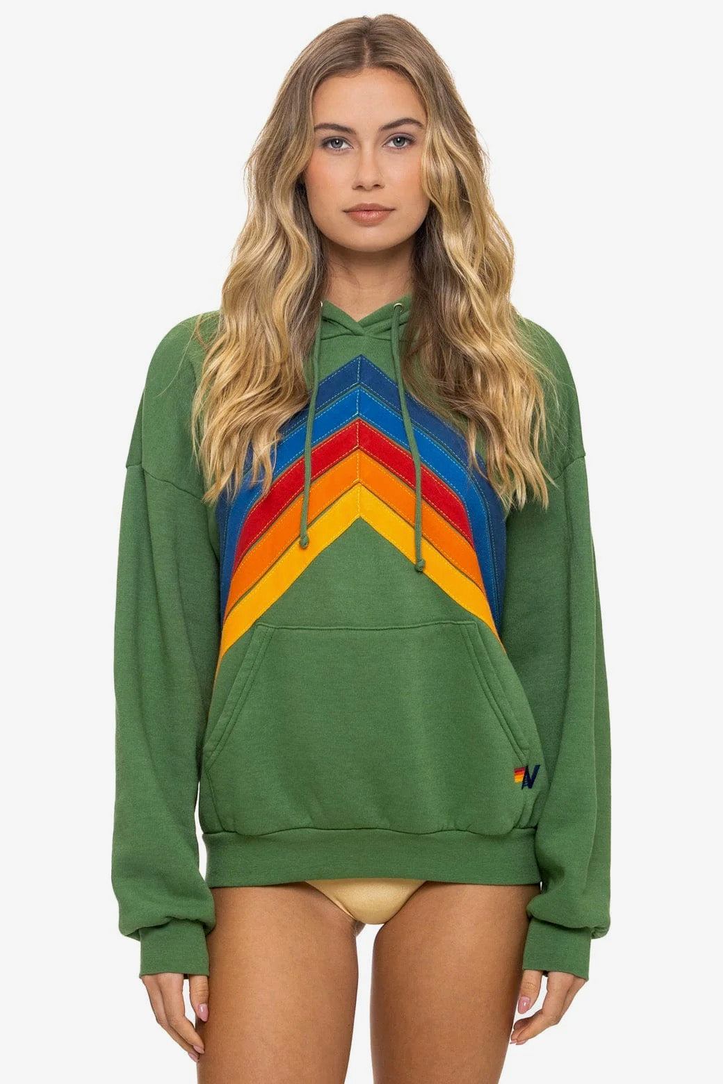 Mountain Stitch Chevron Pullover Hoodie Relaxed Palm in green — close-up | Belle Mar Swim