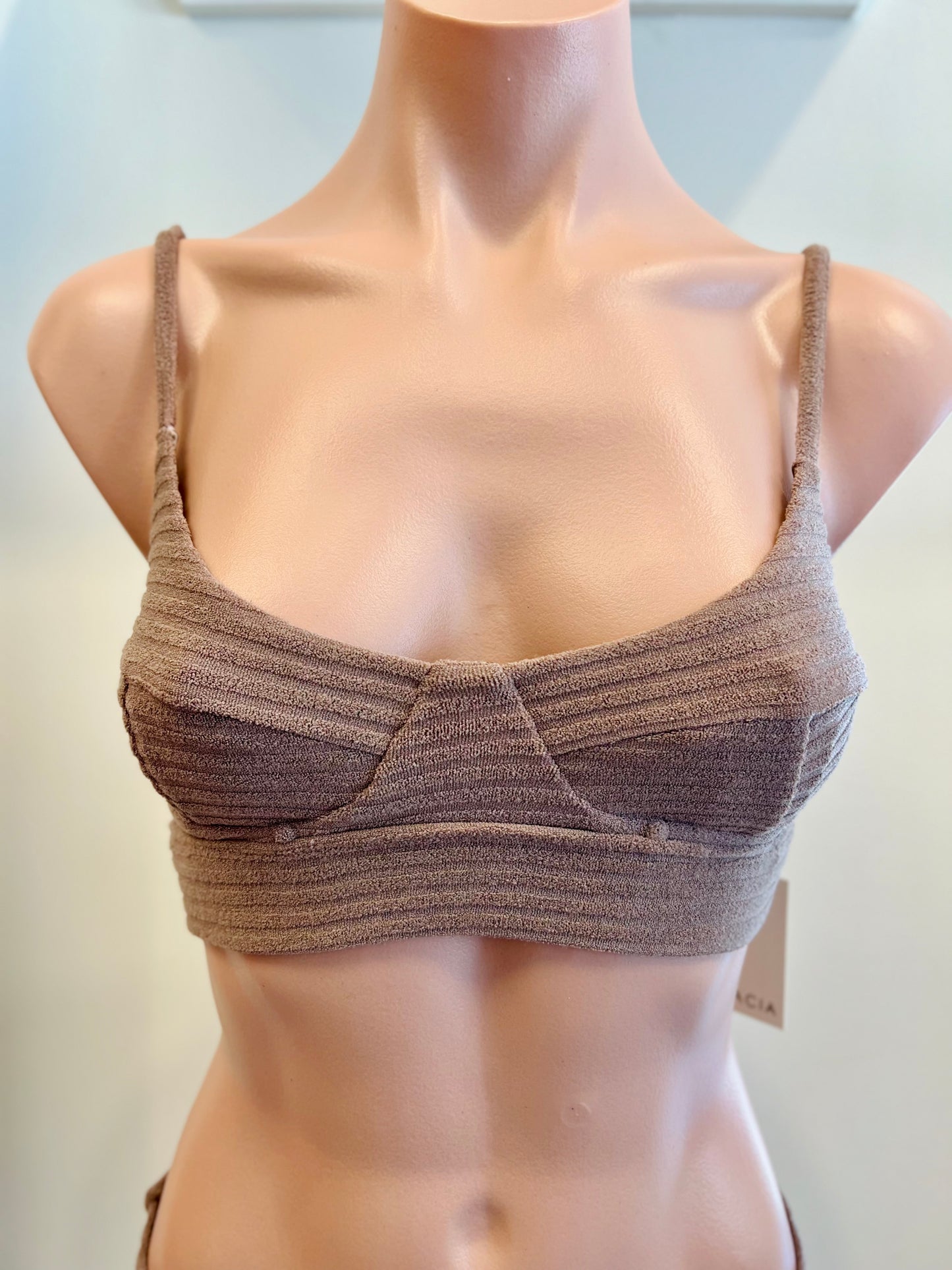 Acacia Paisley Ribbed Terry Bikini Top in Taupe