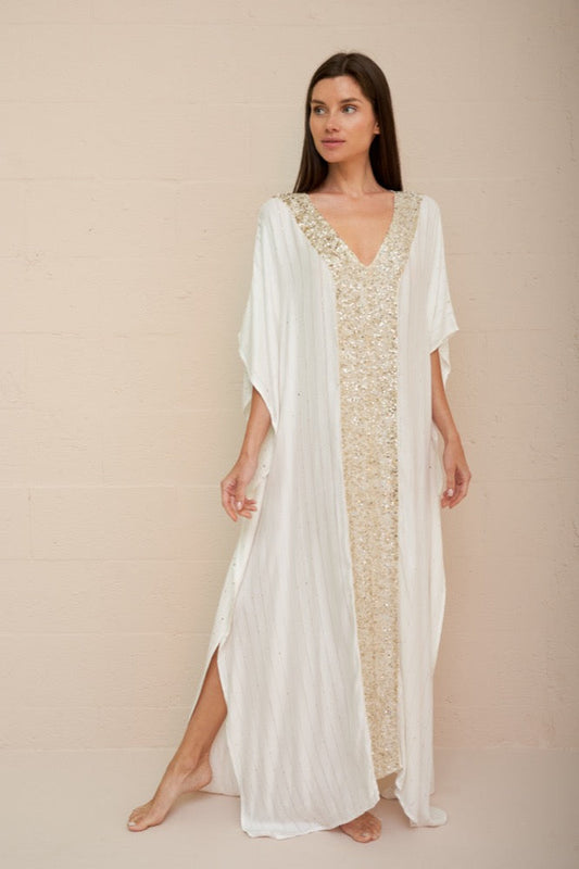 Beaded Sequin Thobe White/Gold