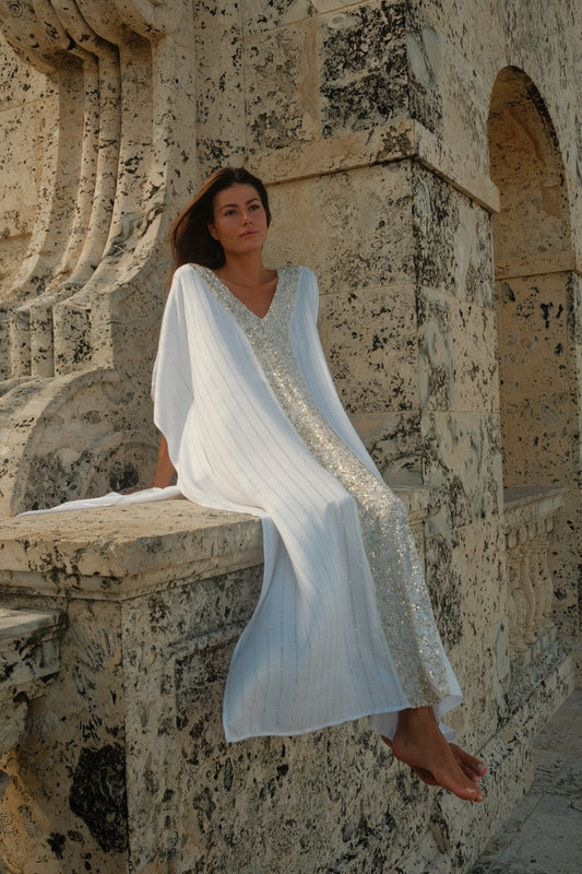 Beaded Sequin Thobe White/Gold