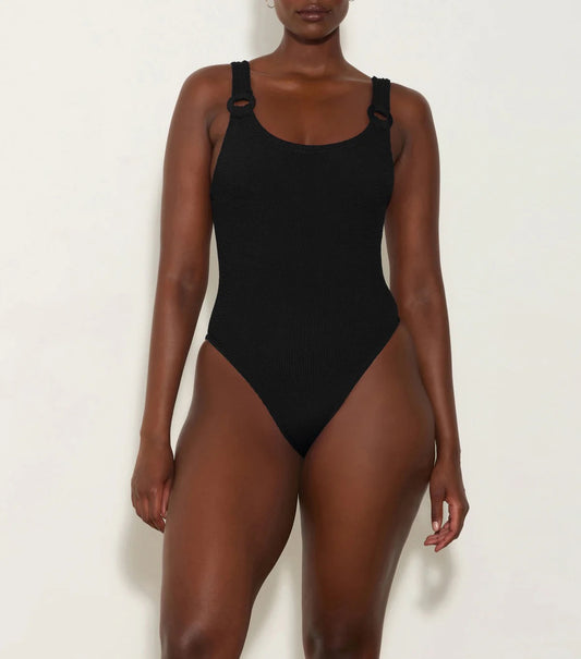 Hunza G Domino One Piece Swimsuit in Black with Tonal Fabric Covered Hoops