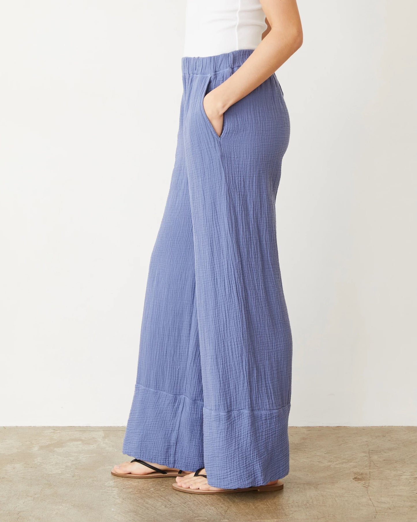 Monrow Cotton Gauze Wide Leg Pant in Medium Blue