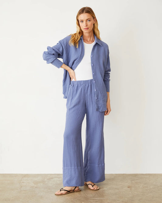 Monrow Cotton Gauze Wide Leg Pant in Medium Blue