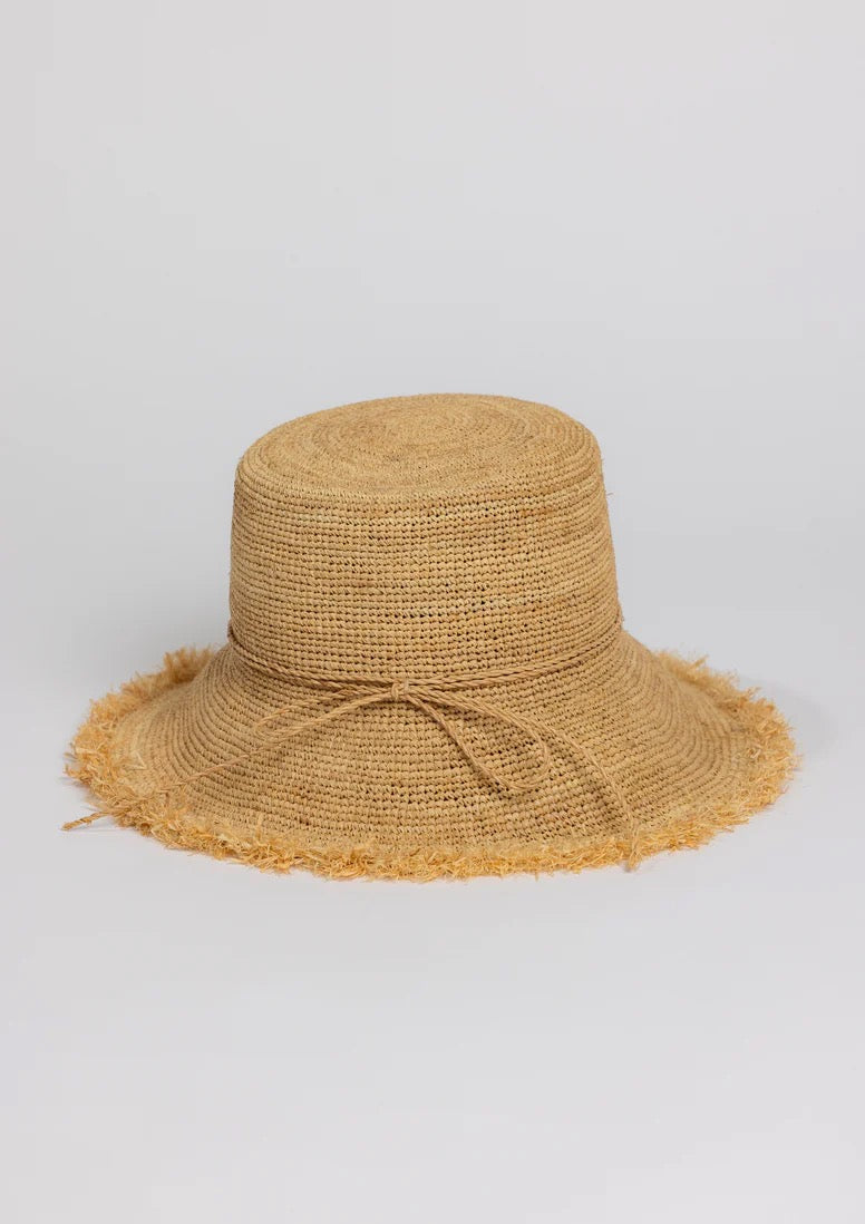 Hat Attack Packable Raffia Frayed Bucket Hat in Natural