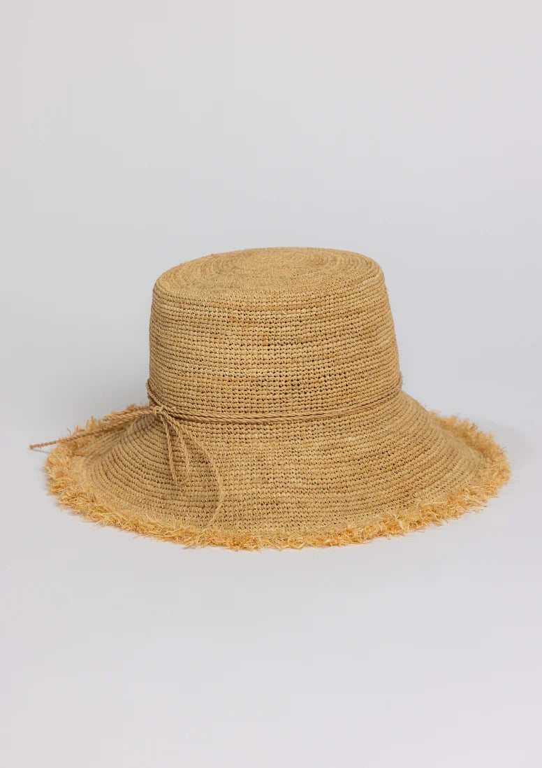 Hat Attack Packable Raffia Frayed Bucket Hat in Natural