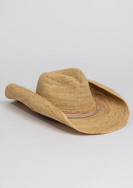 Hat Attack Raffia Crochet Cowboy Hat with Tan Wrap