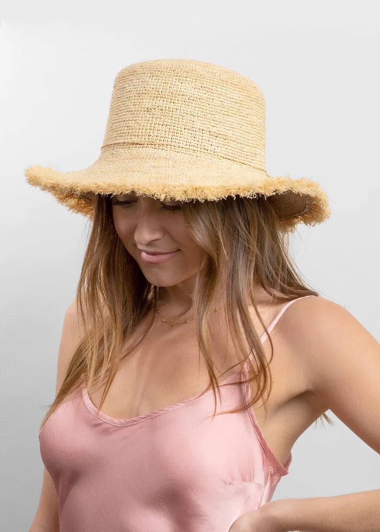 Hat Attack Packable Raffia Frayed Bucket Hat in Natural