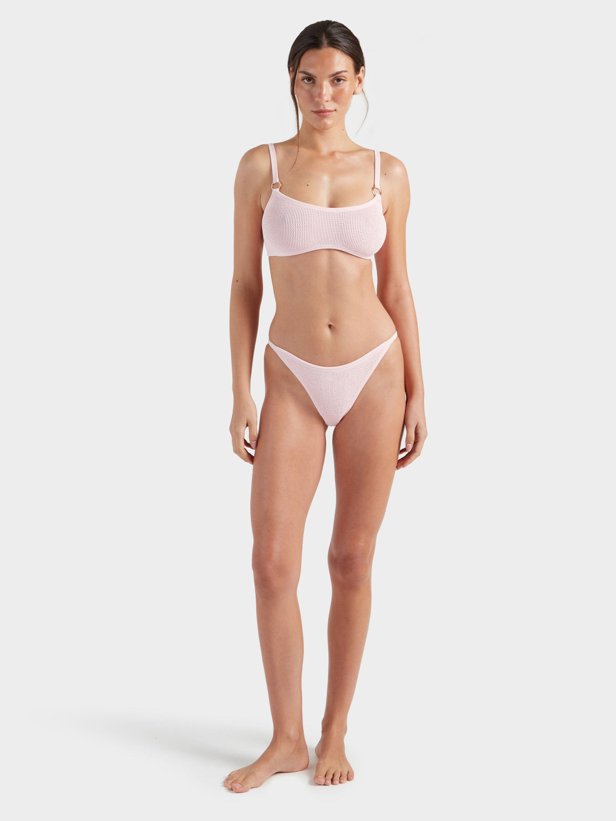 Hunza G Iris With Gold Hoops Bikini in Ballet Pink — flat lay | Belle Mar Swim