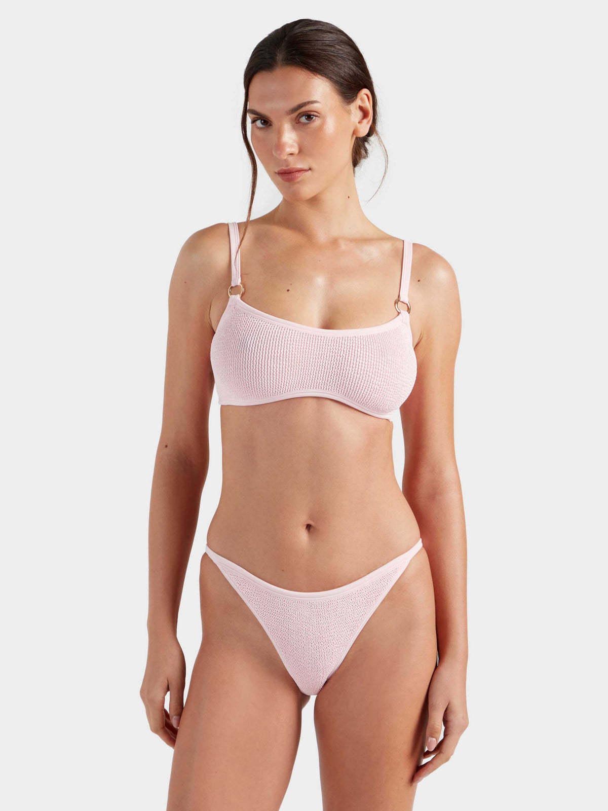 Hunza G Iris With Gold Hoops Bikini in Ballet Pink — front crop | Belle Mar Swim
