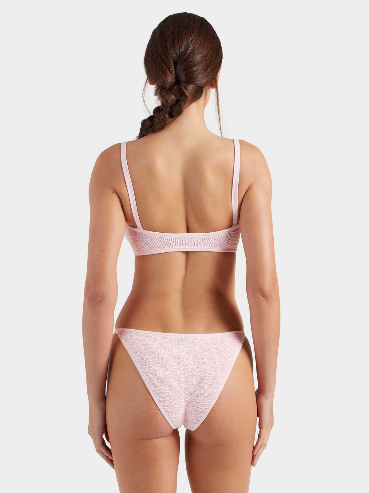 Hunza G Iris With Gold Hoops Bikini in Ballet Pink — back crop showing tanga bottom | Belle Mar Swim