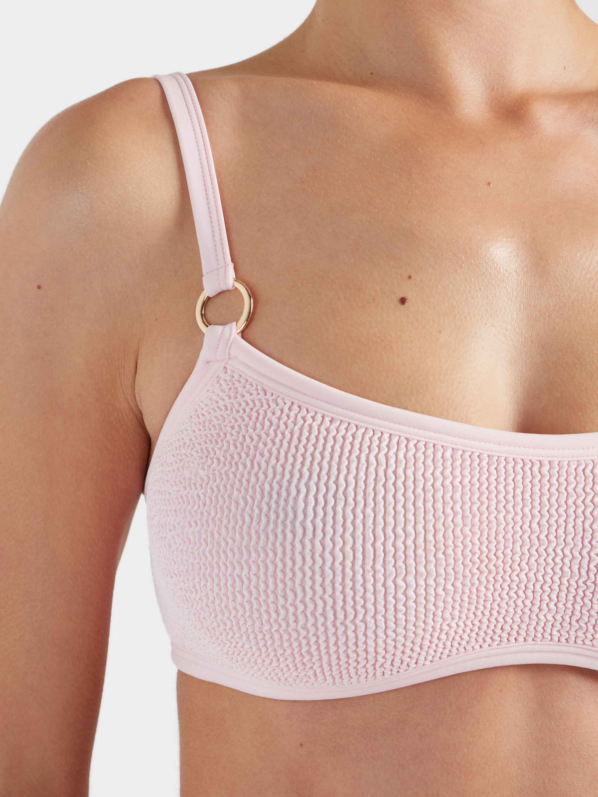 Hunza G Iris With Gold Hoops Bikini in Ballet Pink — gold hoop strap detail | Belle Mar Swim