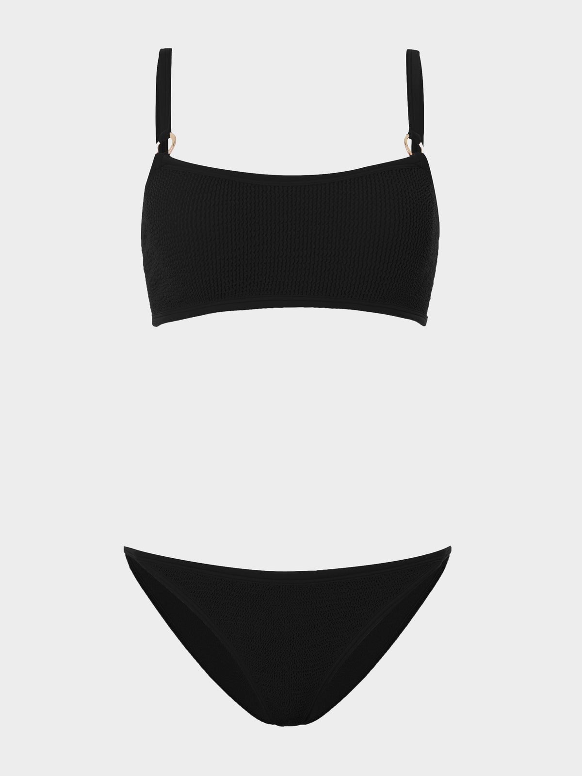 Hunza G Iris With Gold Hoops Bikini in Black — front view on model | Belle Mar Swim