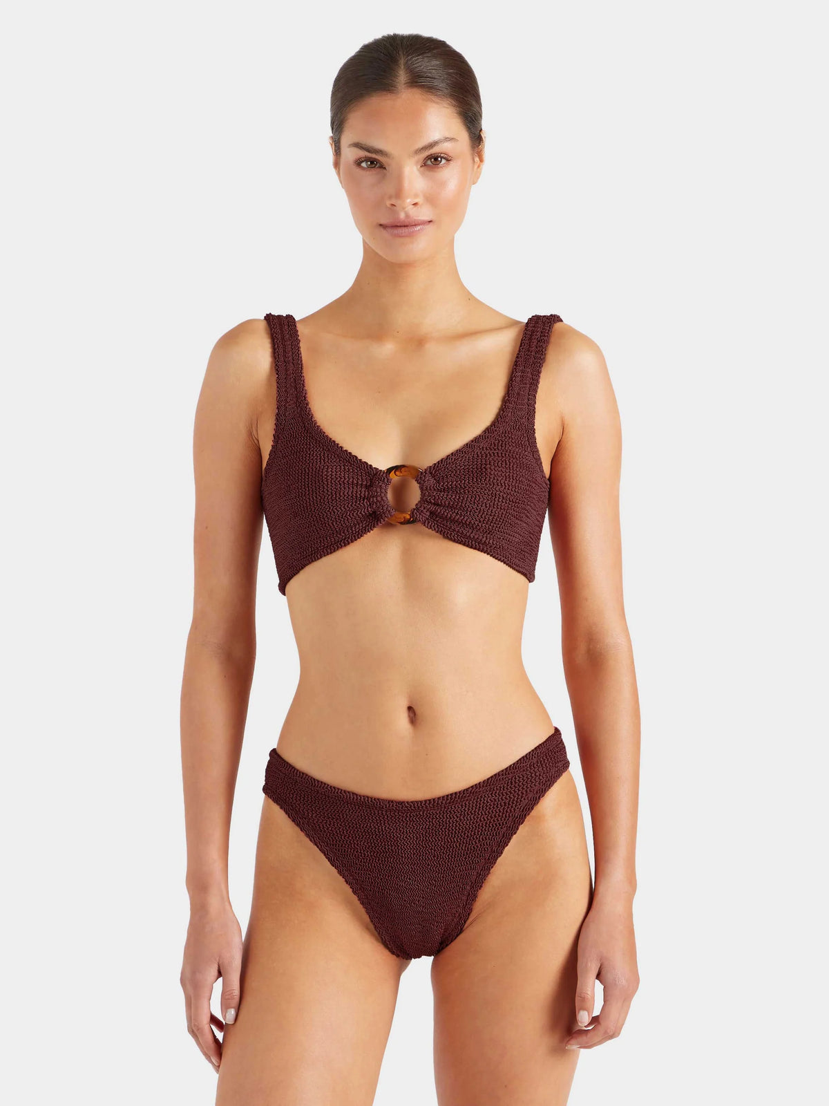 Hunza G Julia Bikini in Metallic Chocolate — front crop | Belle Mar Swim