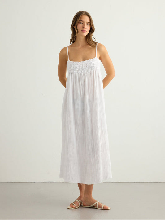 Kaya Smocked Maxi Dress - White - front