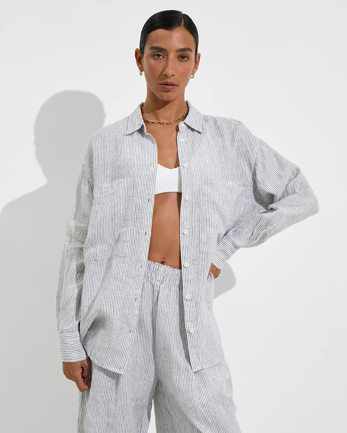 Left On Friday Getaway Button Down Coastal Stripe Varsity/Coconut