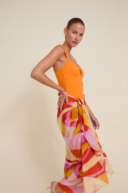 Away That Day Santorini Sarong Viva Soleil in orange — front view | Belle Mar Swim