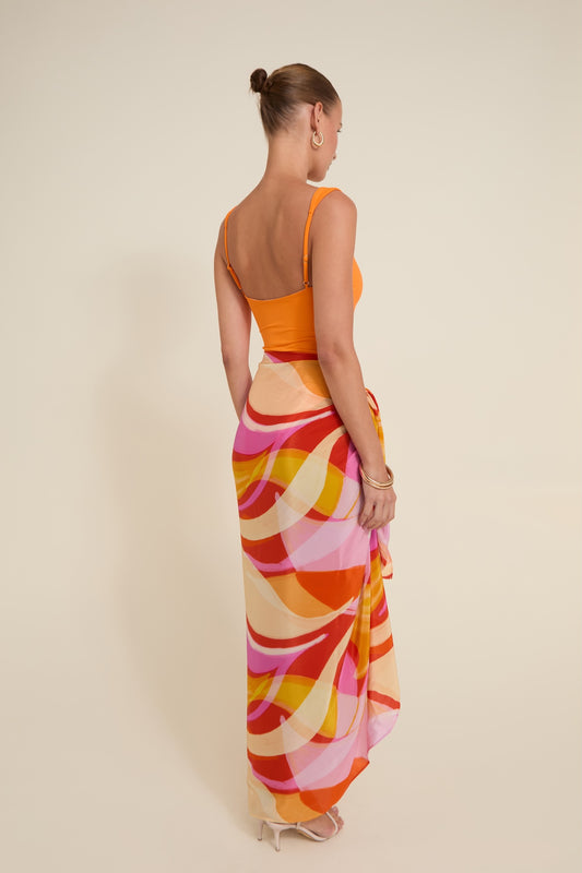 Santorini Sarong Viva Soleil in orange — back view | Belle Mar Swim