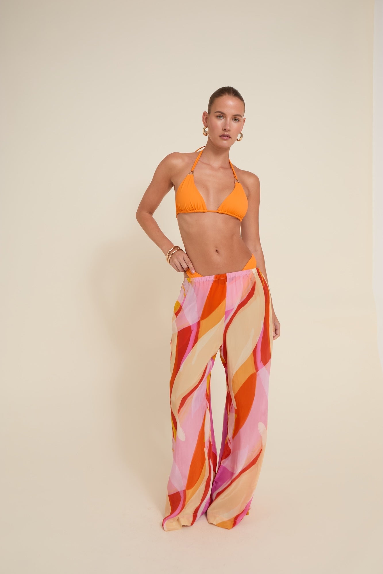 St Barts Pant Viva Soleil Print in orange — close-up | Belle Mar Swim