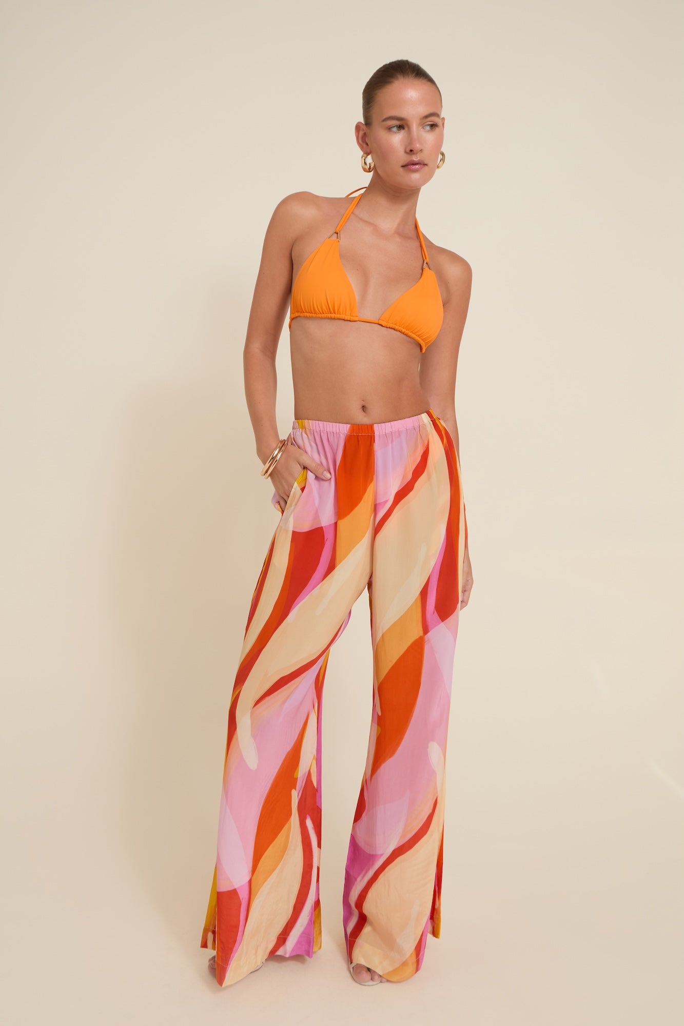 Away That Day St Barts Pant Viva Soleil Print in orange — front view | Belle Mar Swim