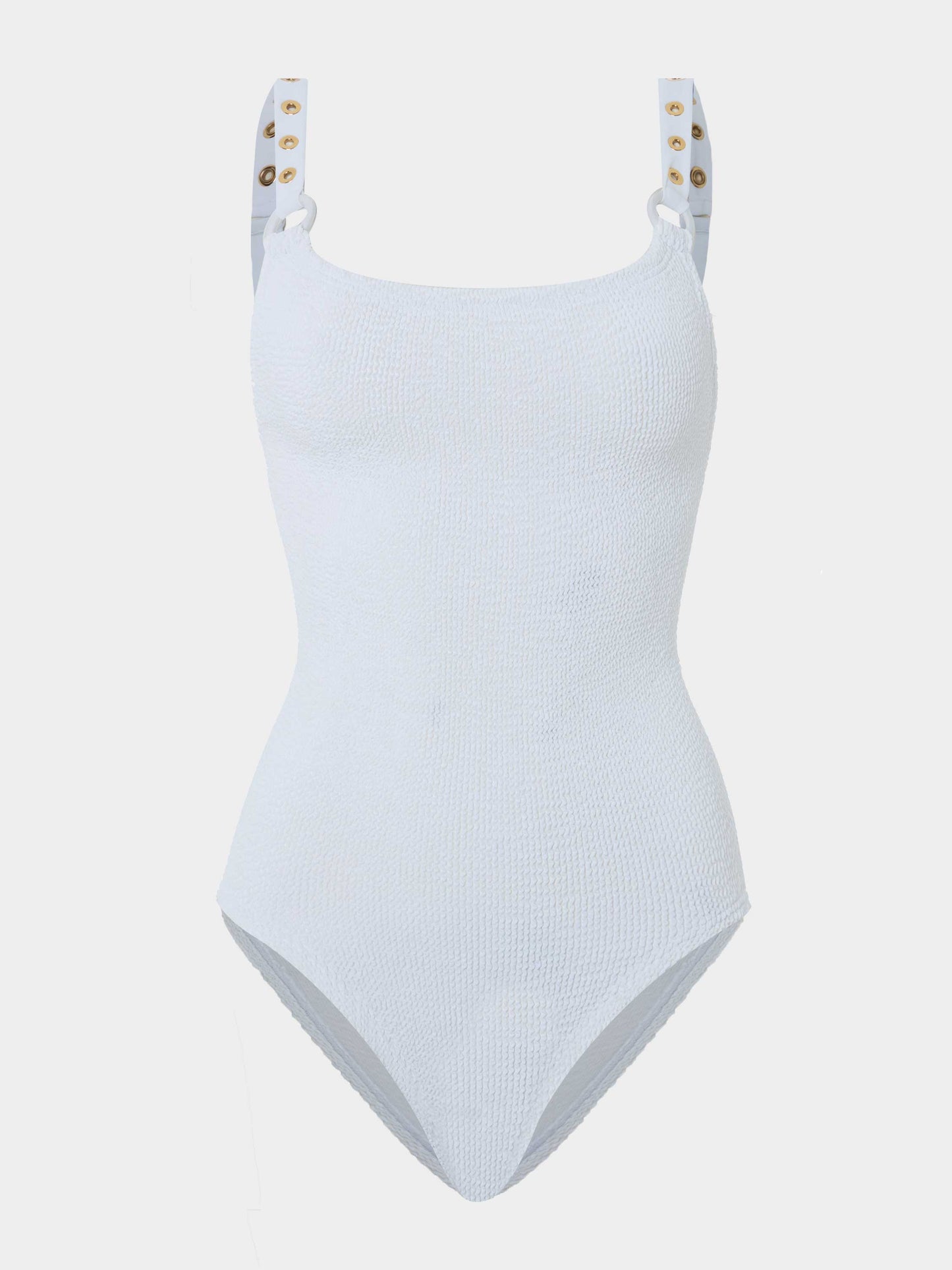 Hunza G Melody Eyelet One Piece White/Gold — front view | Belle Mar Swim