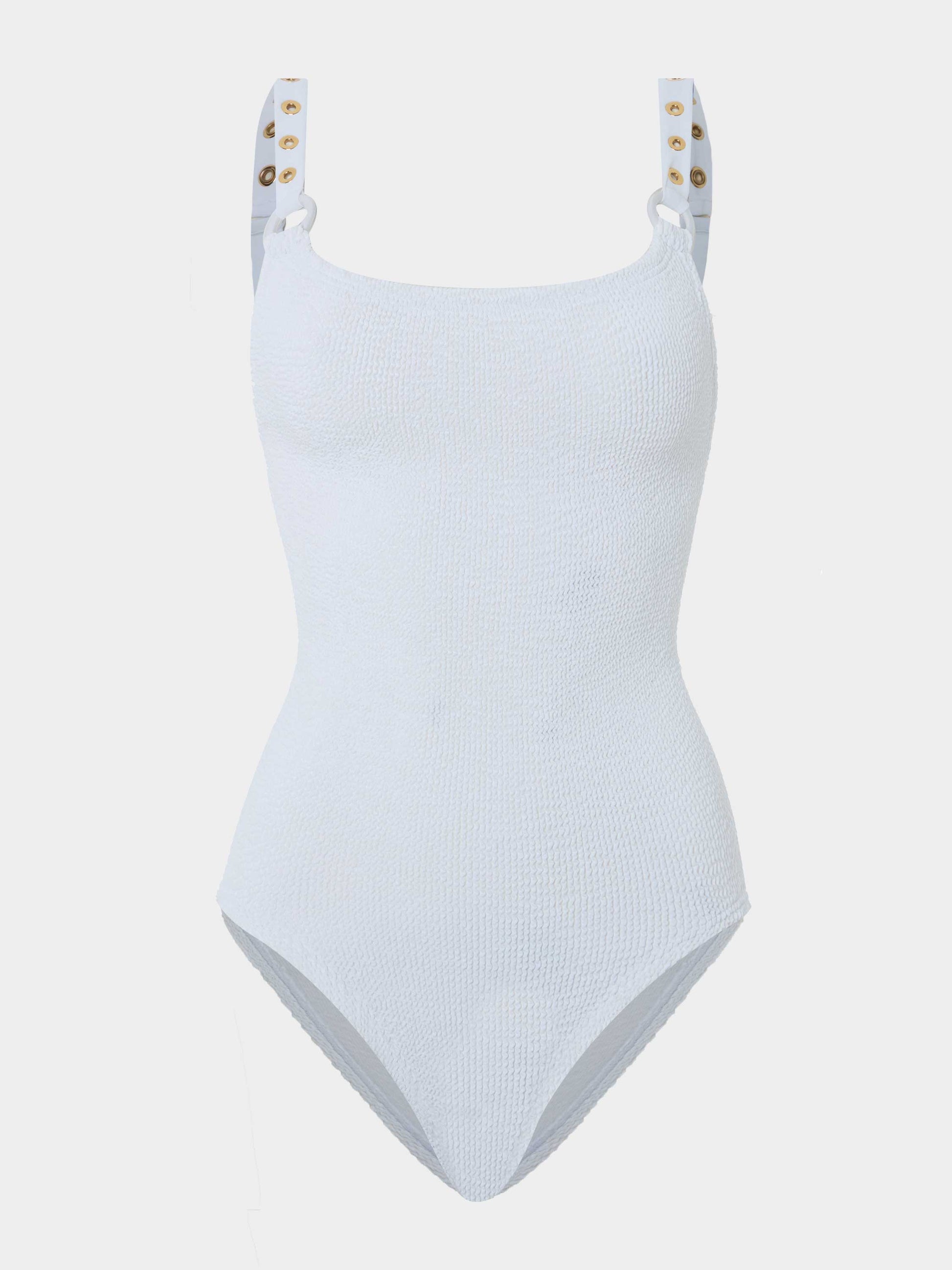 Hunza G Melody Eyelet One Piece White/Gold — front view | Belle Mar Swim