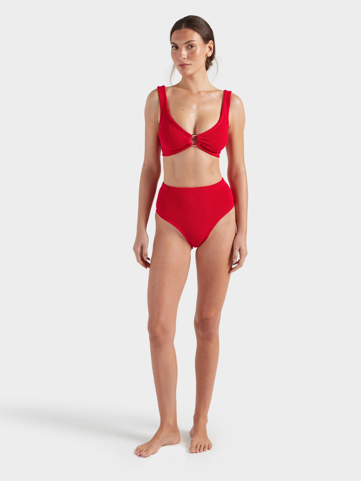 Hunza G Nadine With Gold Hoop Bikini in Red — flat lay | Belle Mar Swim