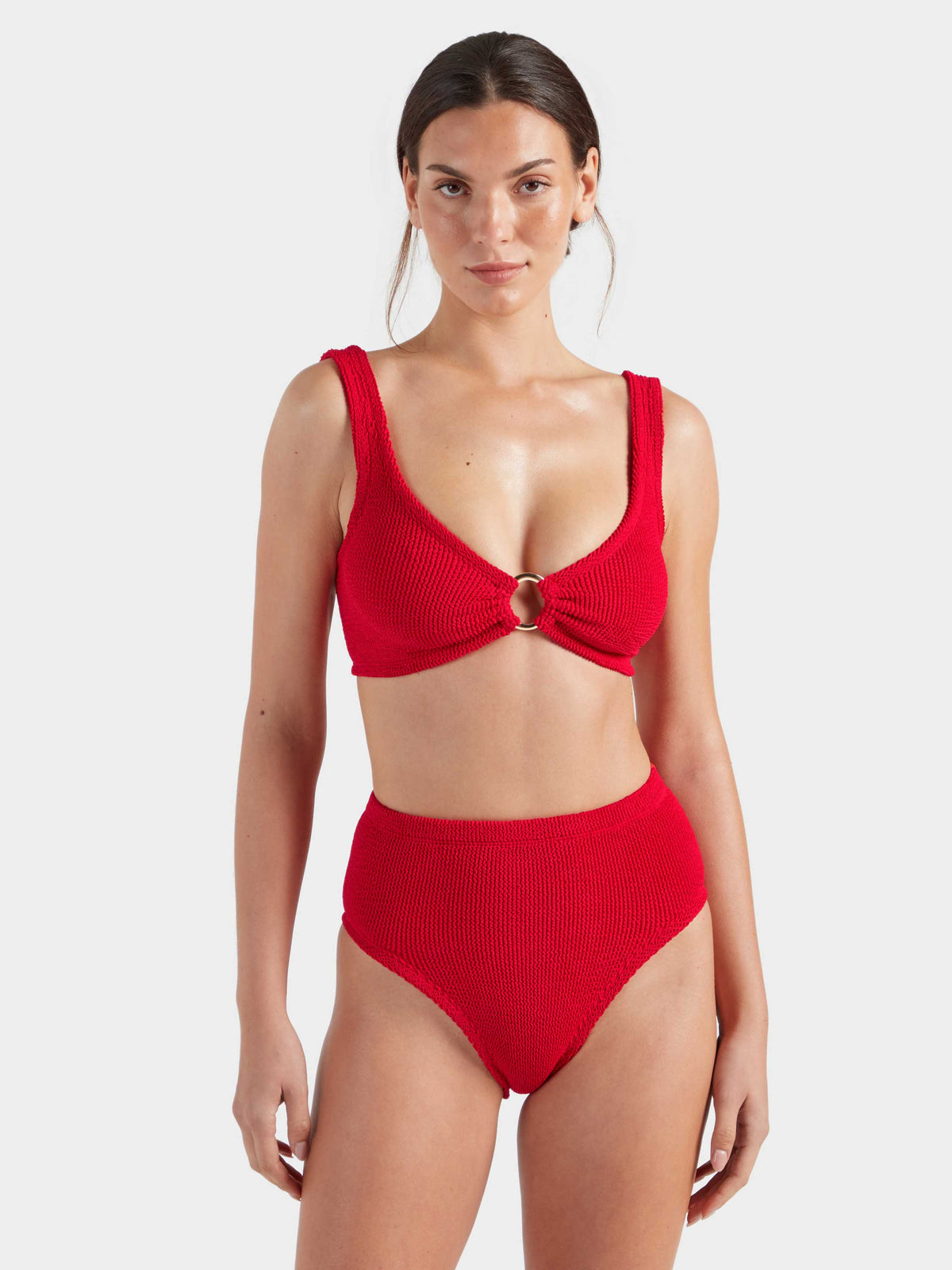 Hunza G Nadine With Gold Hoop Bikini in Red — front crop | Belle Mar Swim