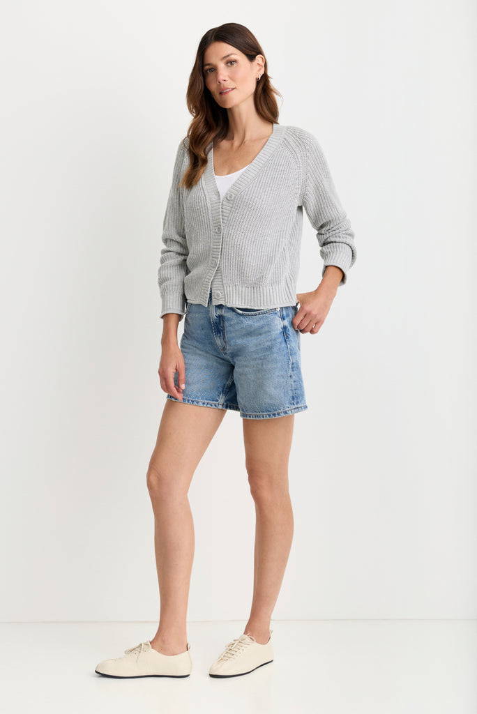 Raleigh Cardigan in Heather Grey, rib knit and button detail