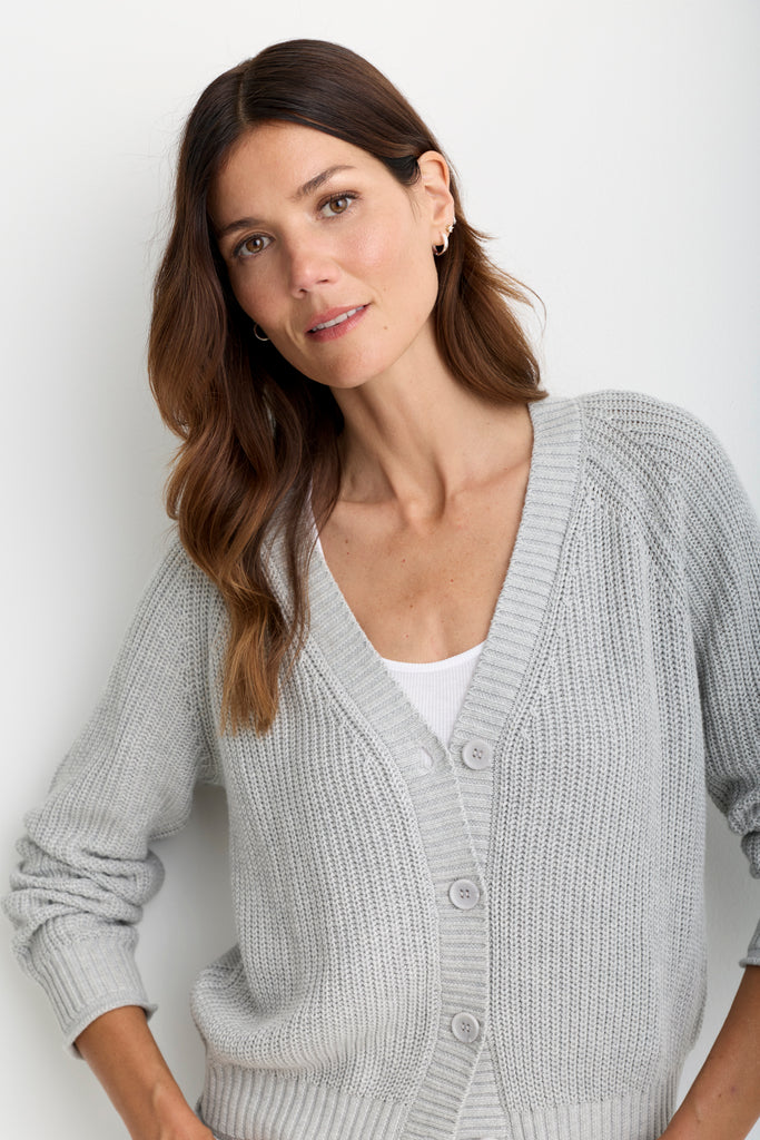 Raleigh Cardigan in Heather Grey, back view