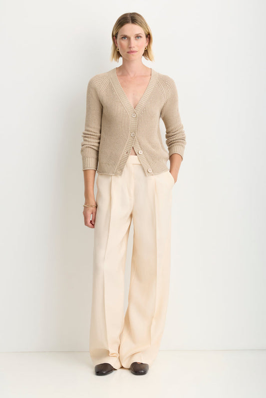 Raleigh Cardigan in Latte, styled on model