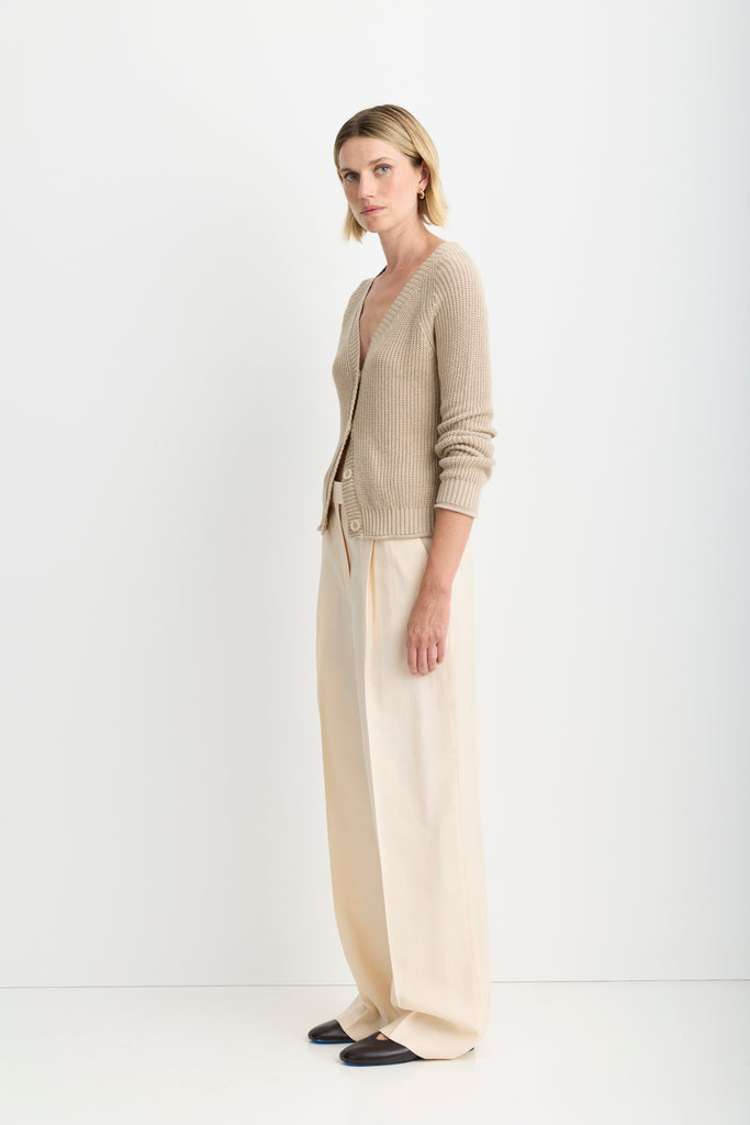 Raleigh Cardigan in Latte, rib knit and button detail