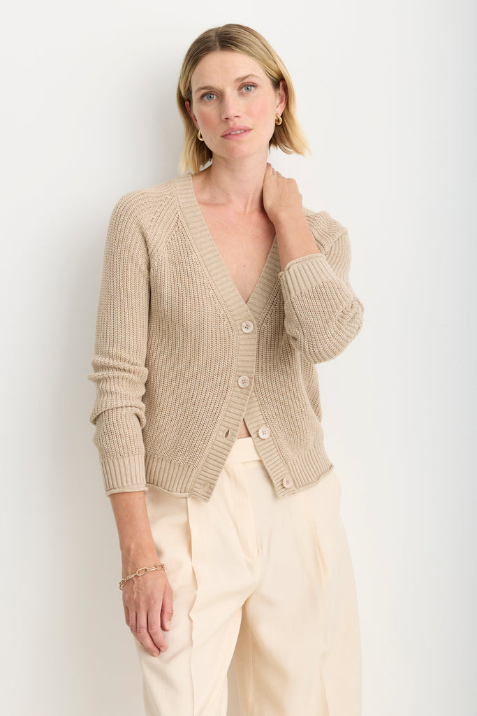 Raleigh Cardigan in Latte, front view
