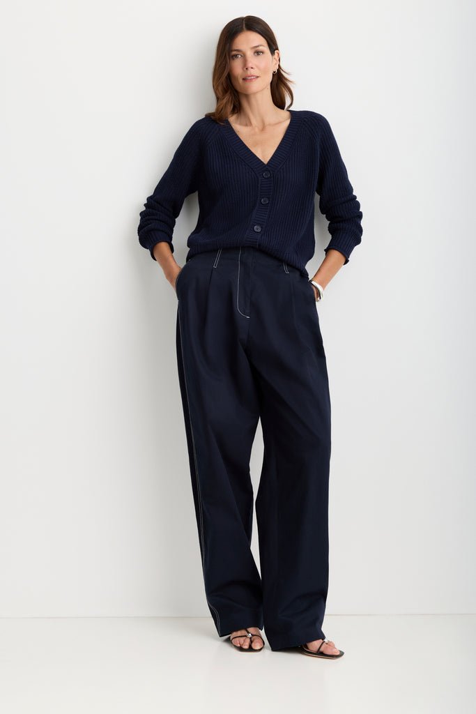 Raleigh Cardigan in Navy, styled on model