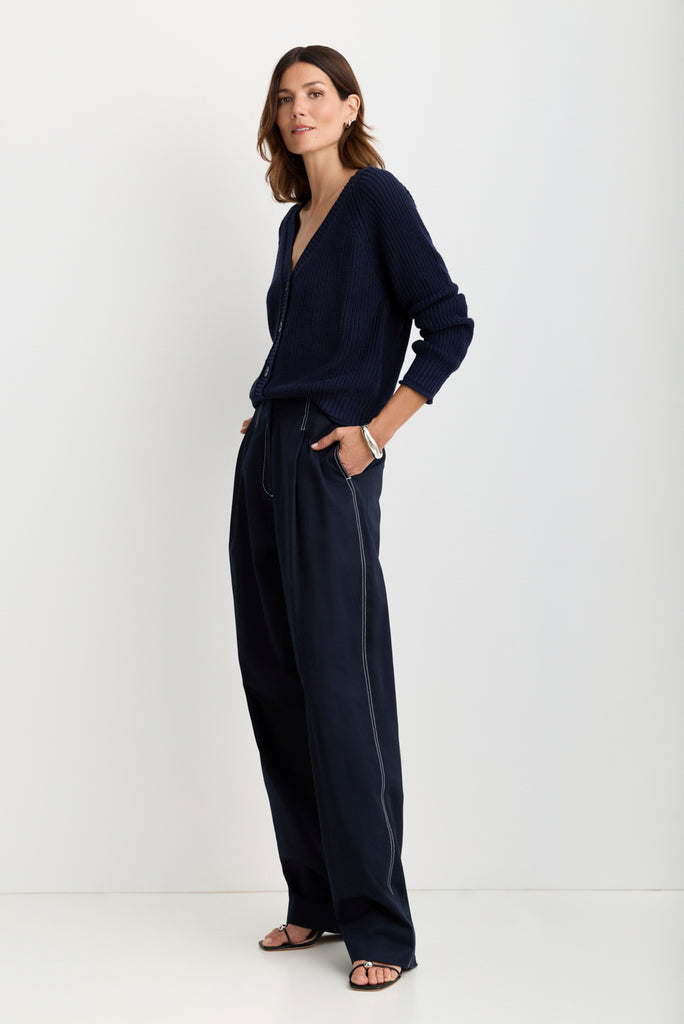 Raleigh Cardigan in Navy, rib knit and button detail