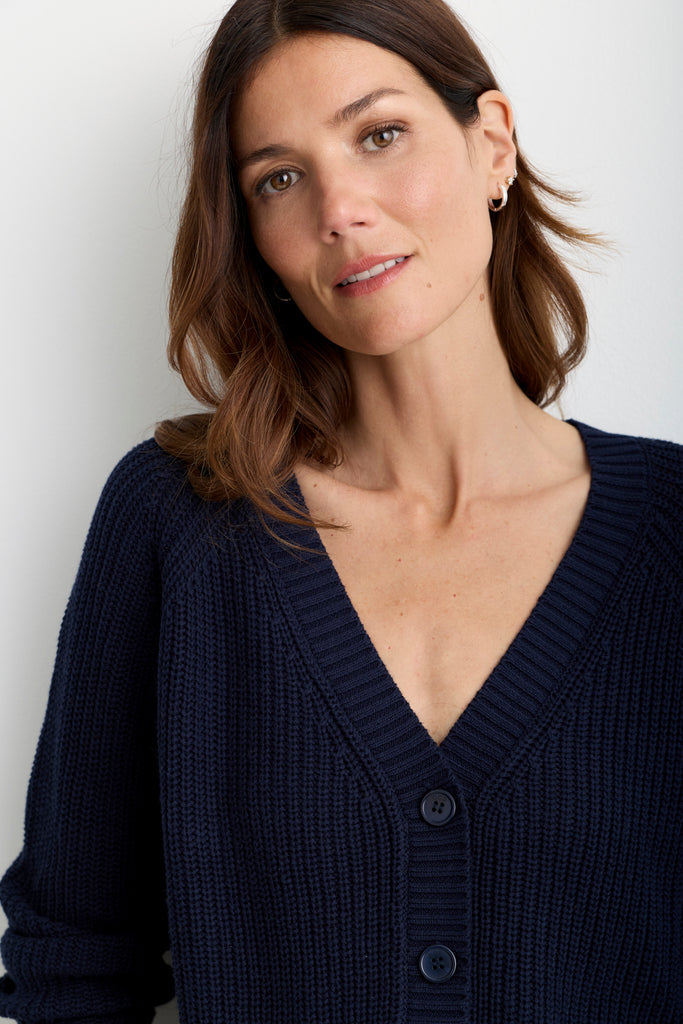 Raleigh Cardigan in Navy, back view