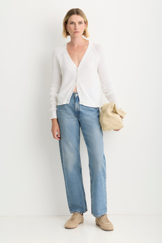 Raleigh Cardigan in White, styled on model
