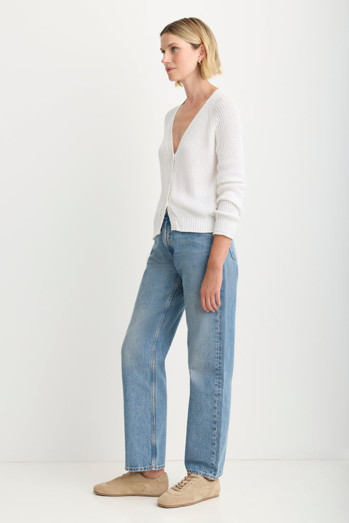 Raleigh Cardigan in White, rib knit and button detail