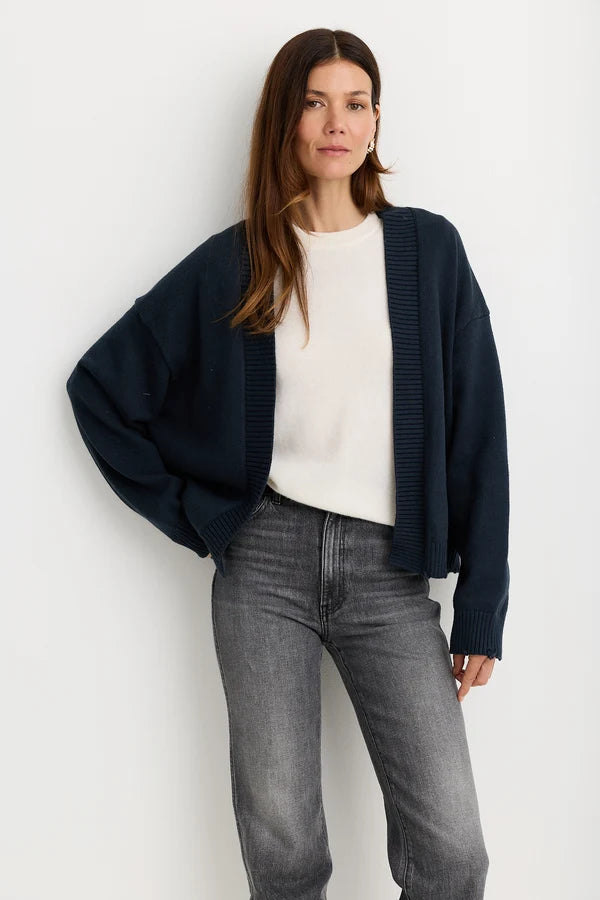 Jack Distressed Cardigan in Navy by One Grey Day, front view