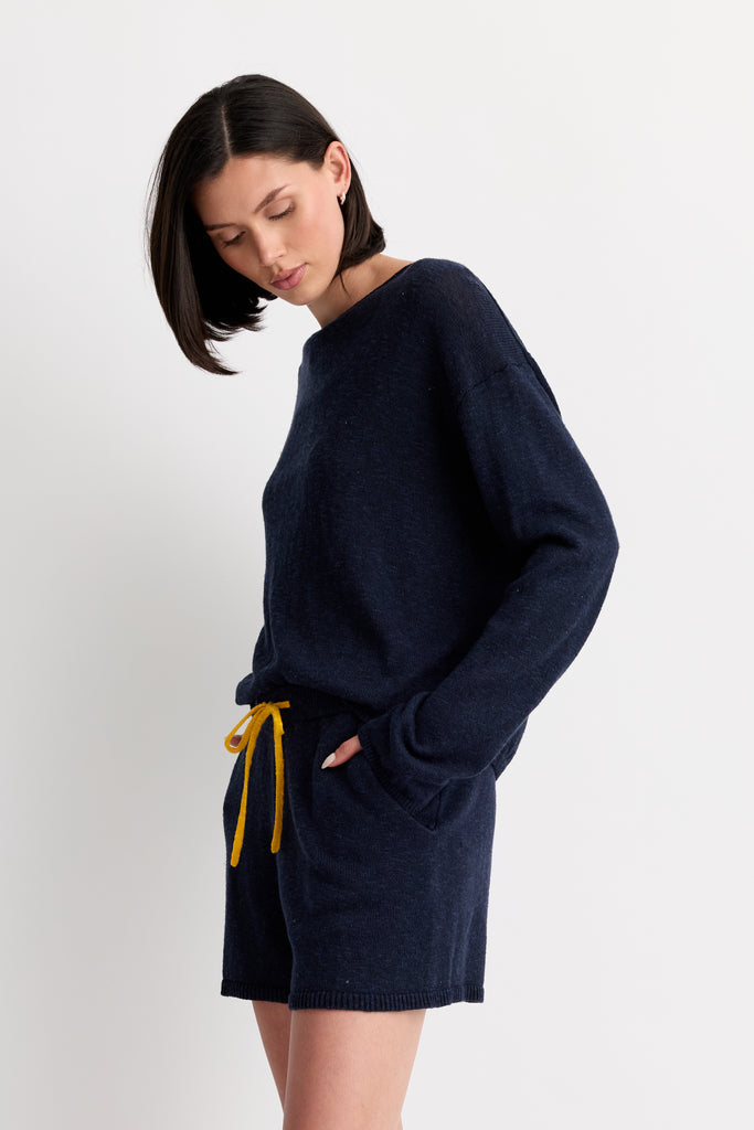 Sunrise Pullover in Navy Combo, sun intarsia on the back