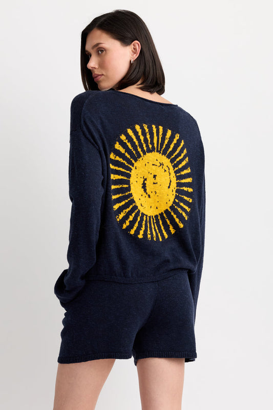 Sunrise Pullover in Navy Combo, styled on model