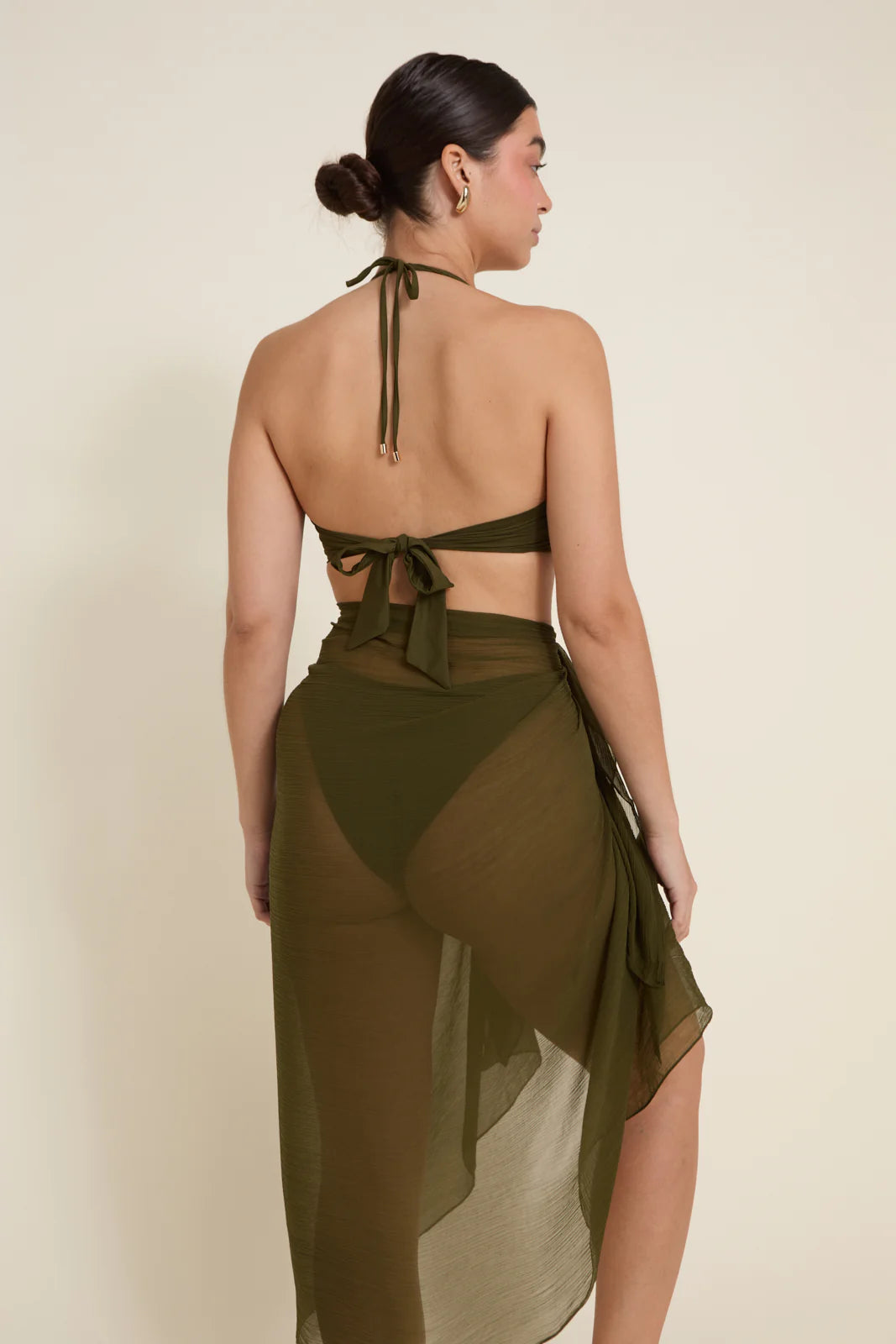 Santorini Sarong Juniper Green in green — back view | Belle Mar Swim