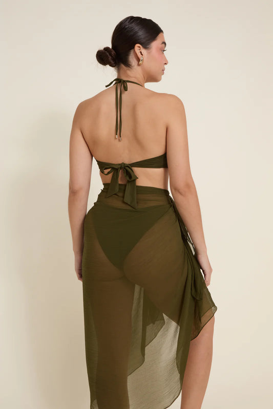 Santorini Sarong Juniper Green in green — back view | Belle Mar Swim