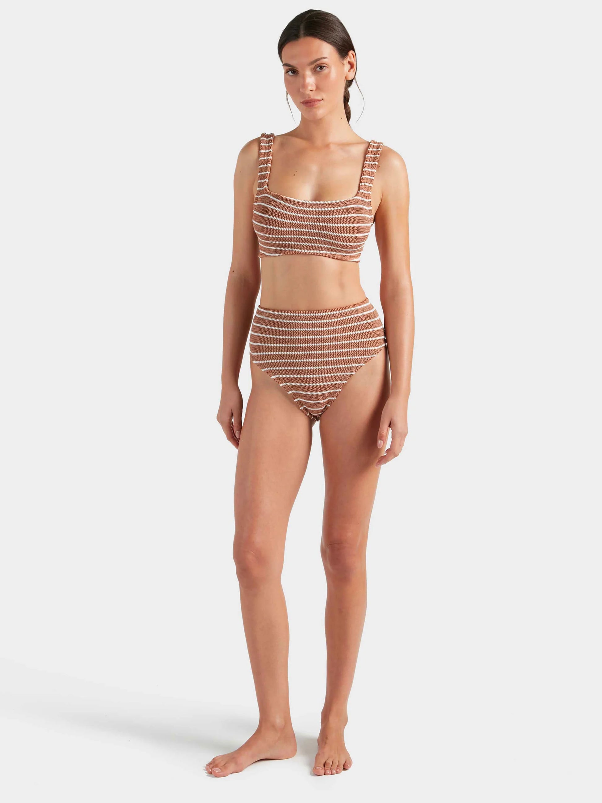 Patricia Bikini Metallic Cocoa/White Stripe in brown — detail view | Belle Mar Swim