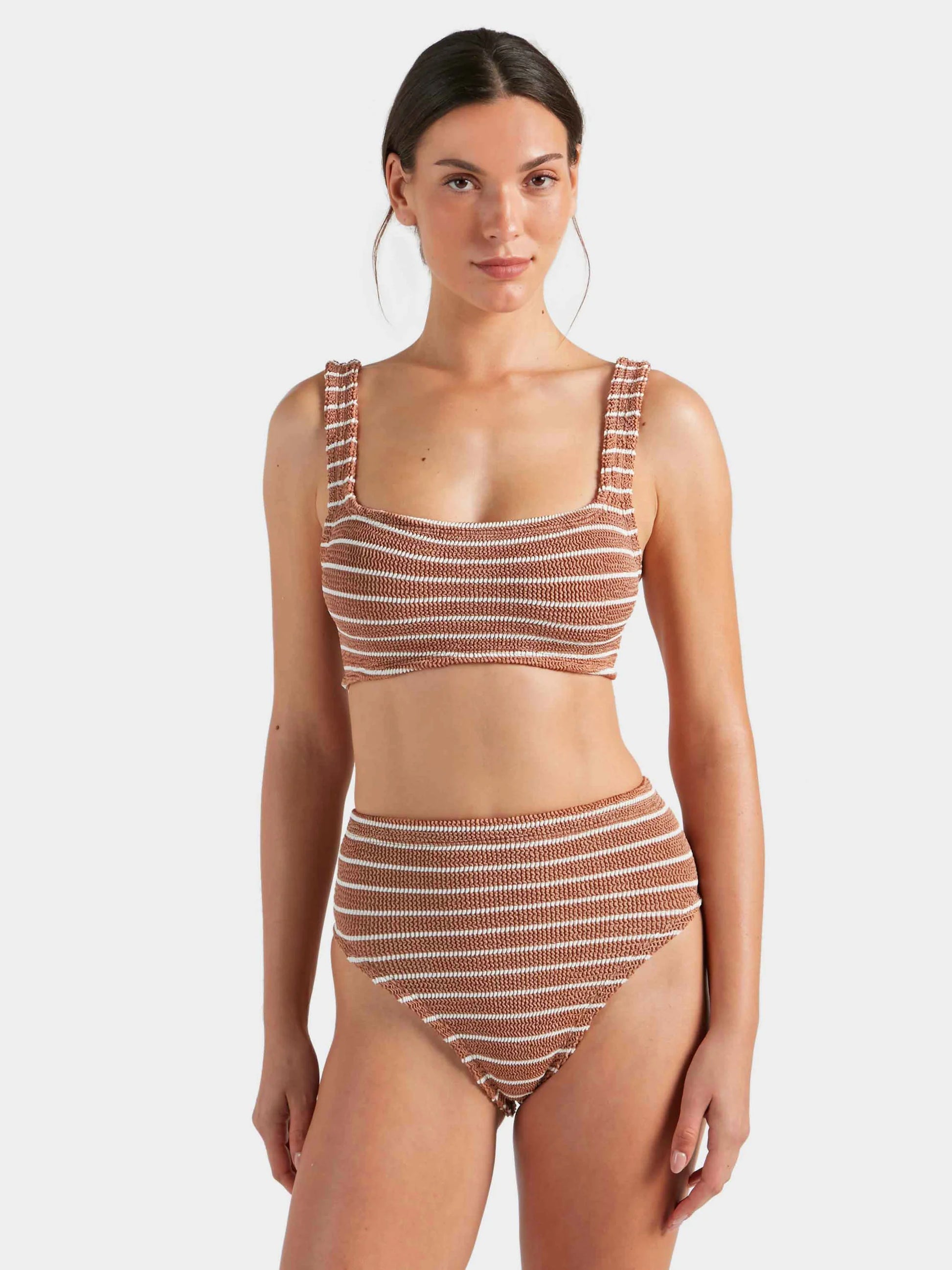 Hunza G Patricia Bikini Metallic Cocoa/White Stripe in brown — front view | Belle Mar Swim
