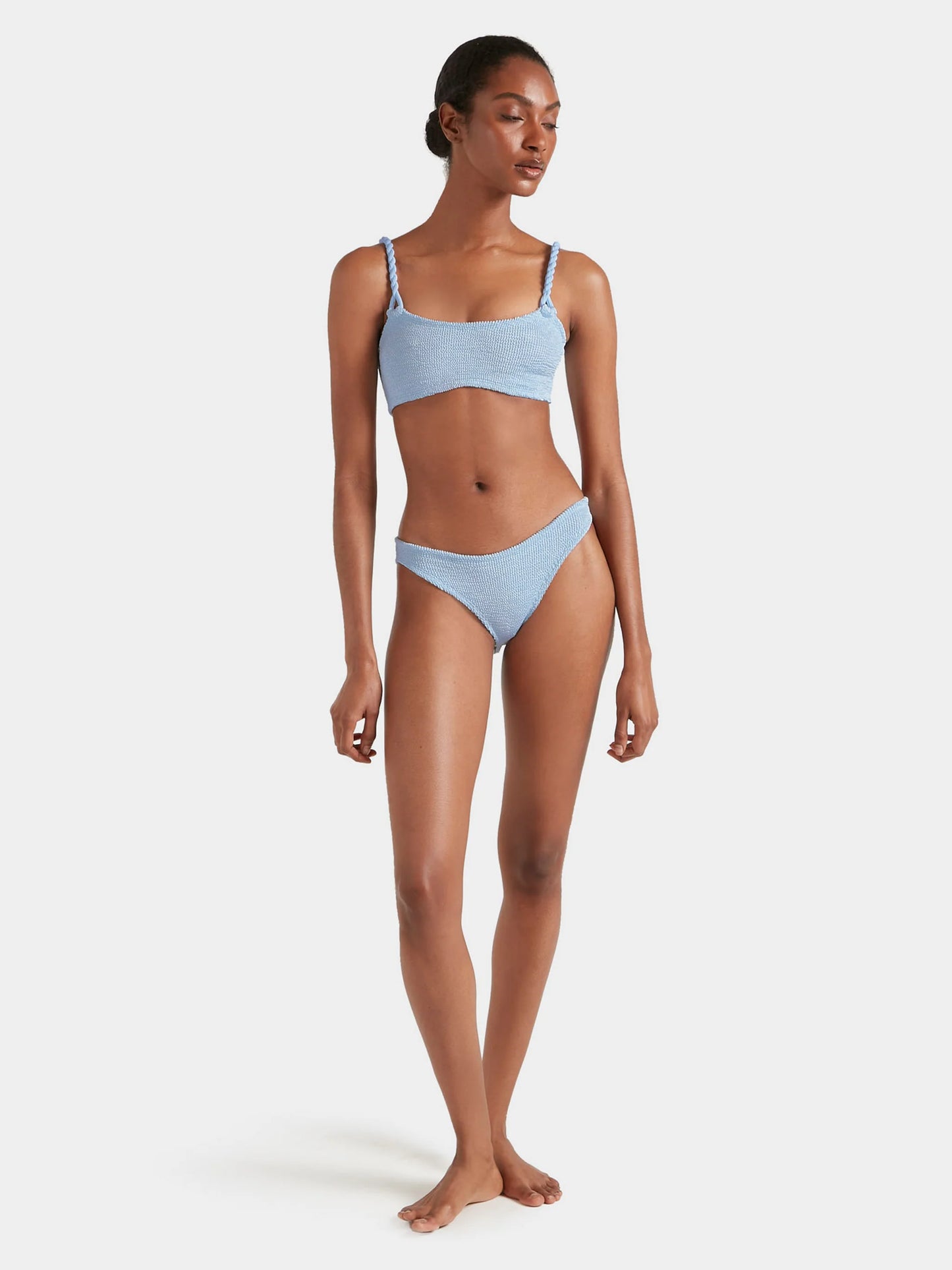 Phoebe Bikini Metallic Ice Blue in blue — styled view | Belle Mar Swim