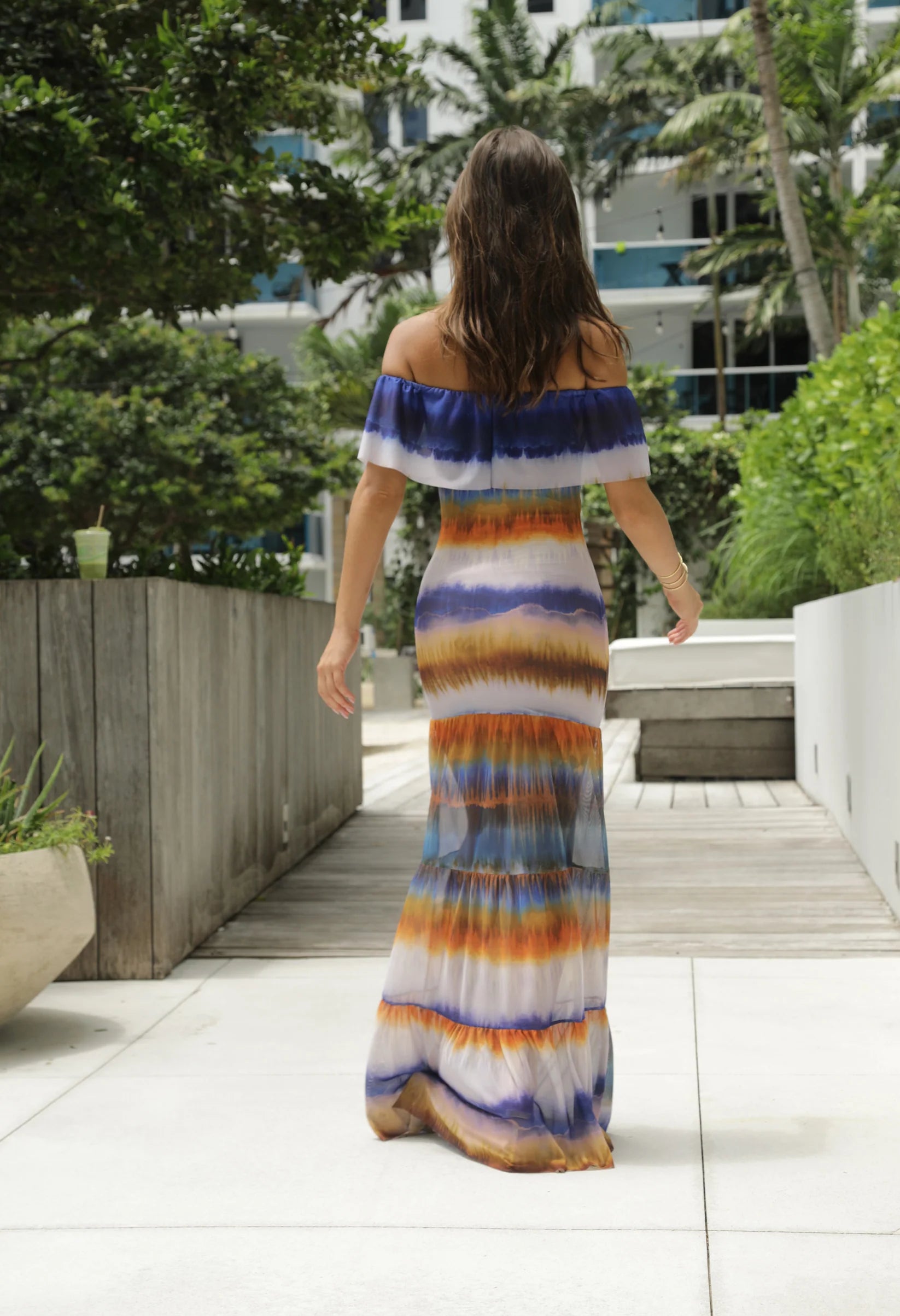 Positano Mesh Maxi Dress Playa Stripe — back view | Belle Mar Swim