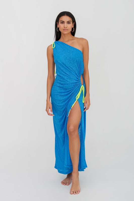 Ruched One Shoulder Cutout Dress Blue