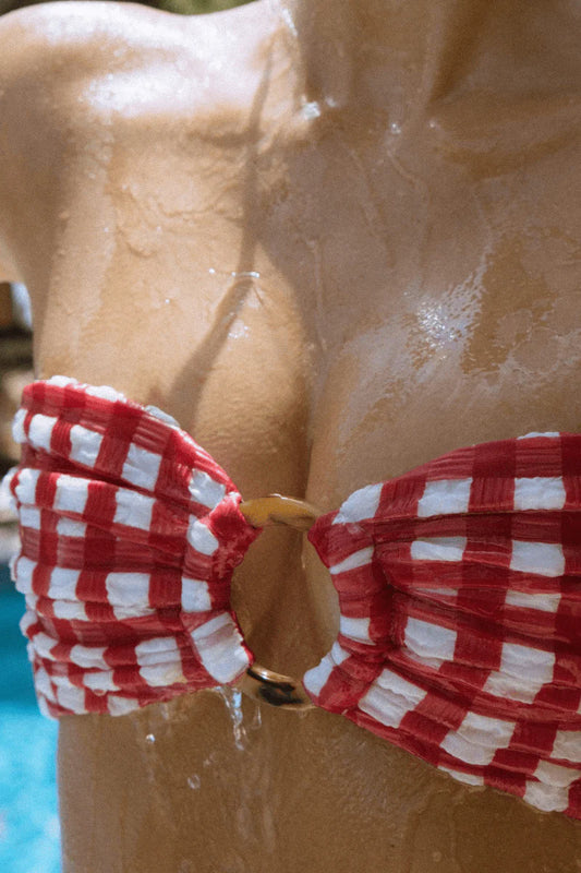 Tori Ties Bandeau Bikini Top Red Gingham
