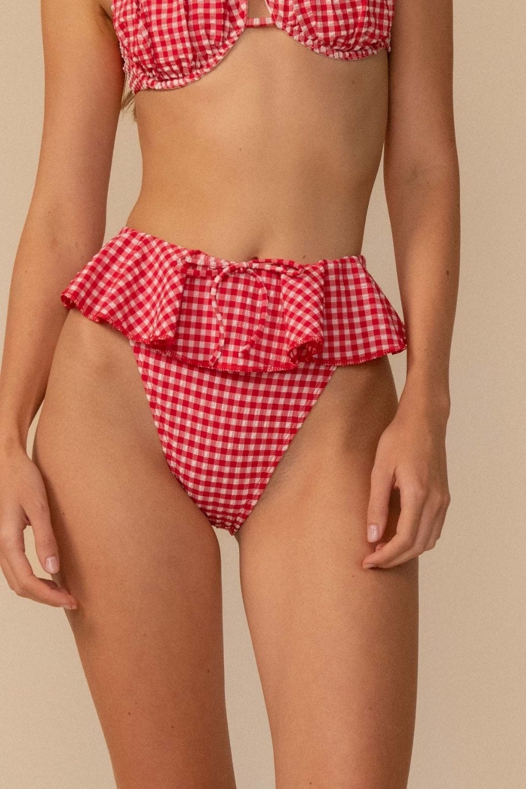Tamarindo Ruffle Bikini Bottom Red Micro Gingham